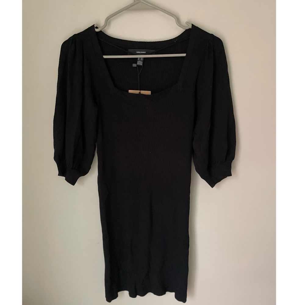 Vero Moda Glory Ribbed Balloon Sleeve Dress in Black